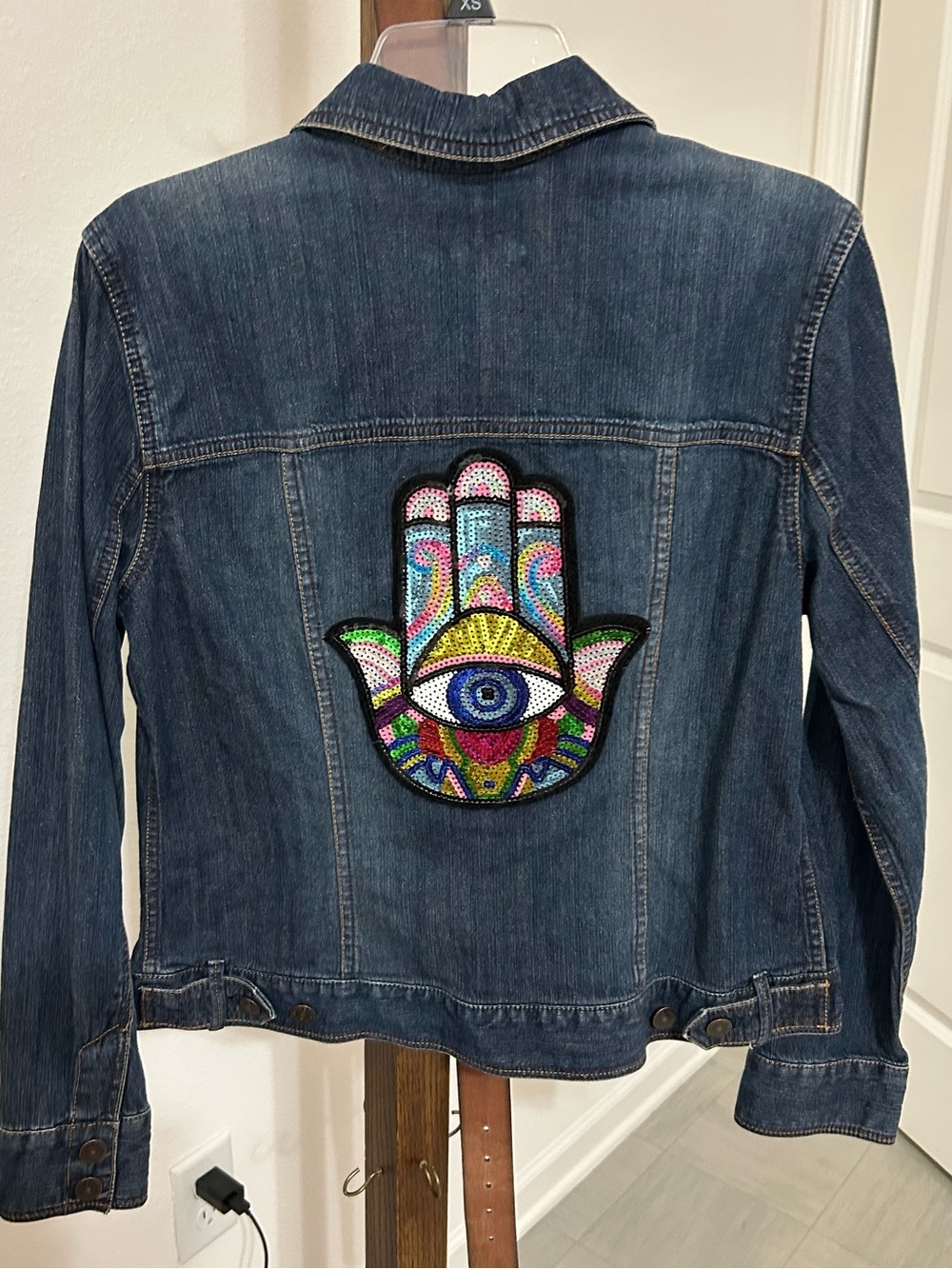 Eddie Bauer upcycled Jacket with Colorful Hamsa Patch